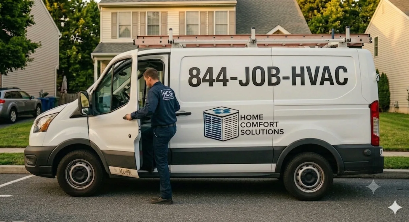 HVAC technician opening the side door of an 844-JOB-HVAC service van